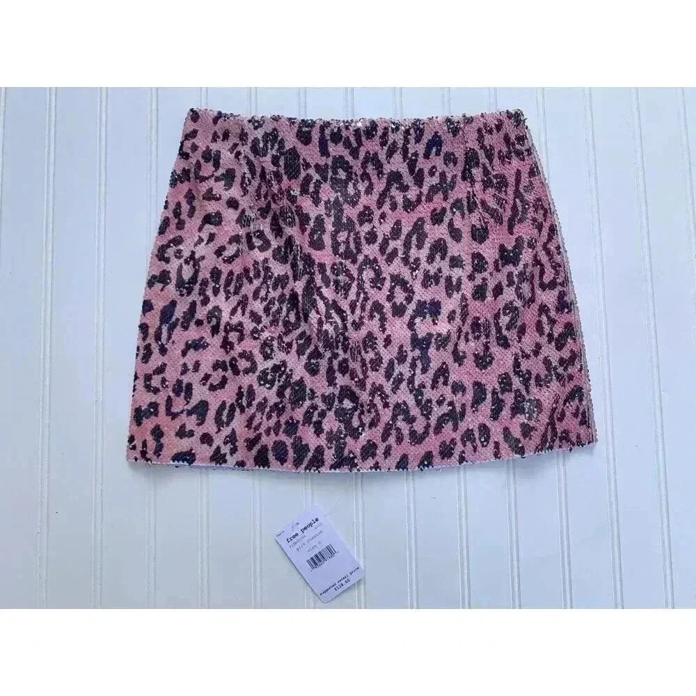Free People Womens Mini Skirt Pink Size 0 Sequin Leopard Pleather-Lined NEW. 78 - Picture 2 of 3